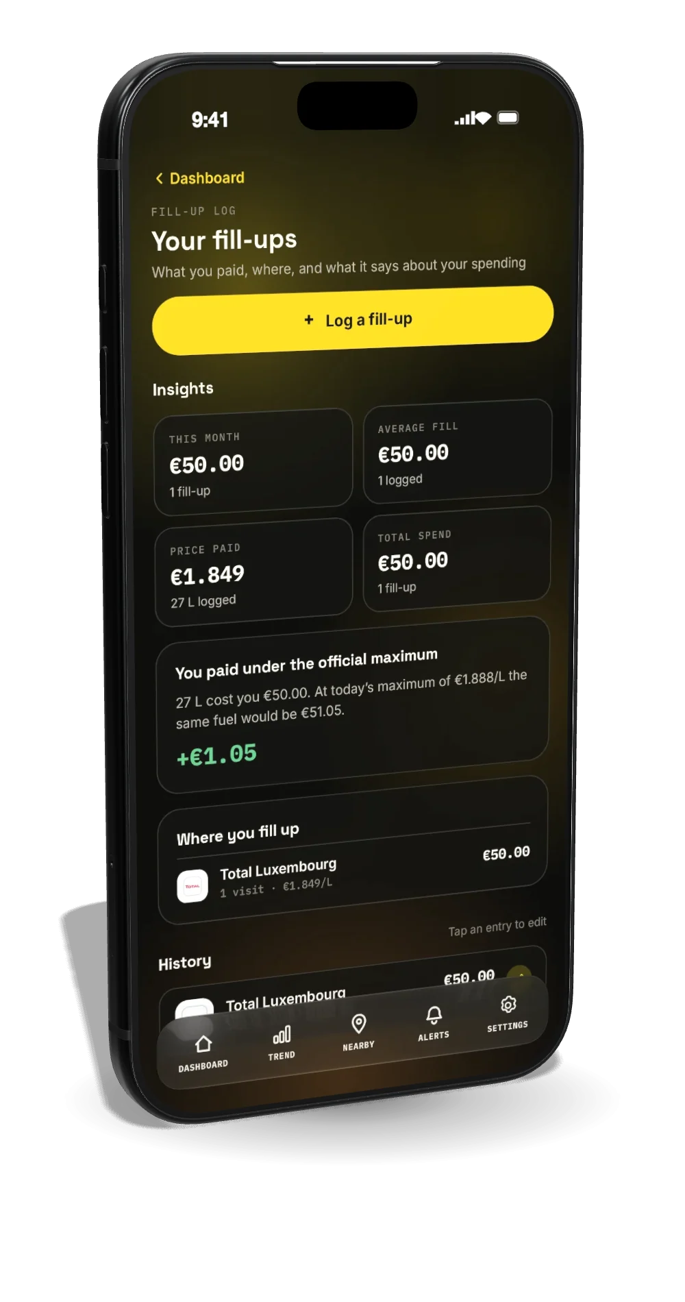 LetzFuel fill-up log: this month's spend, the average fill, the price paid and the stations you use