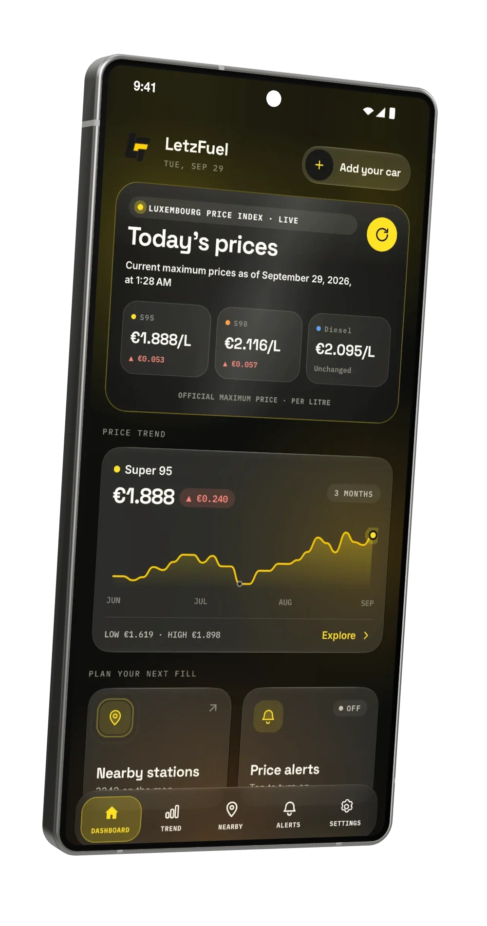 LetzFuel dashboard on Android, dark appearance