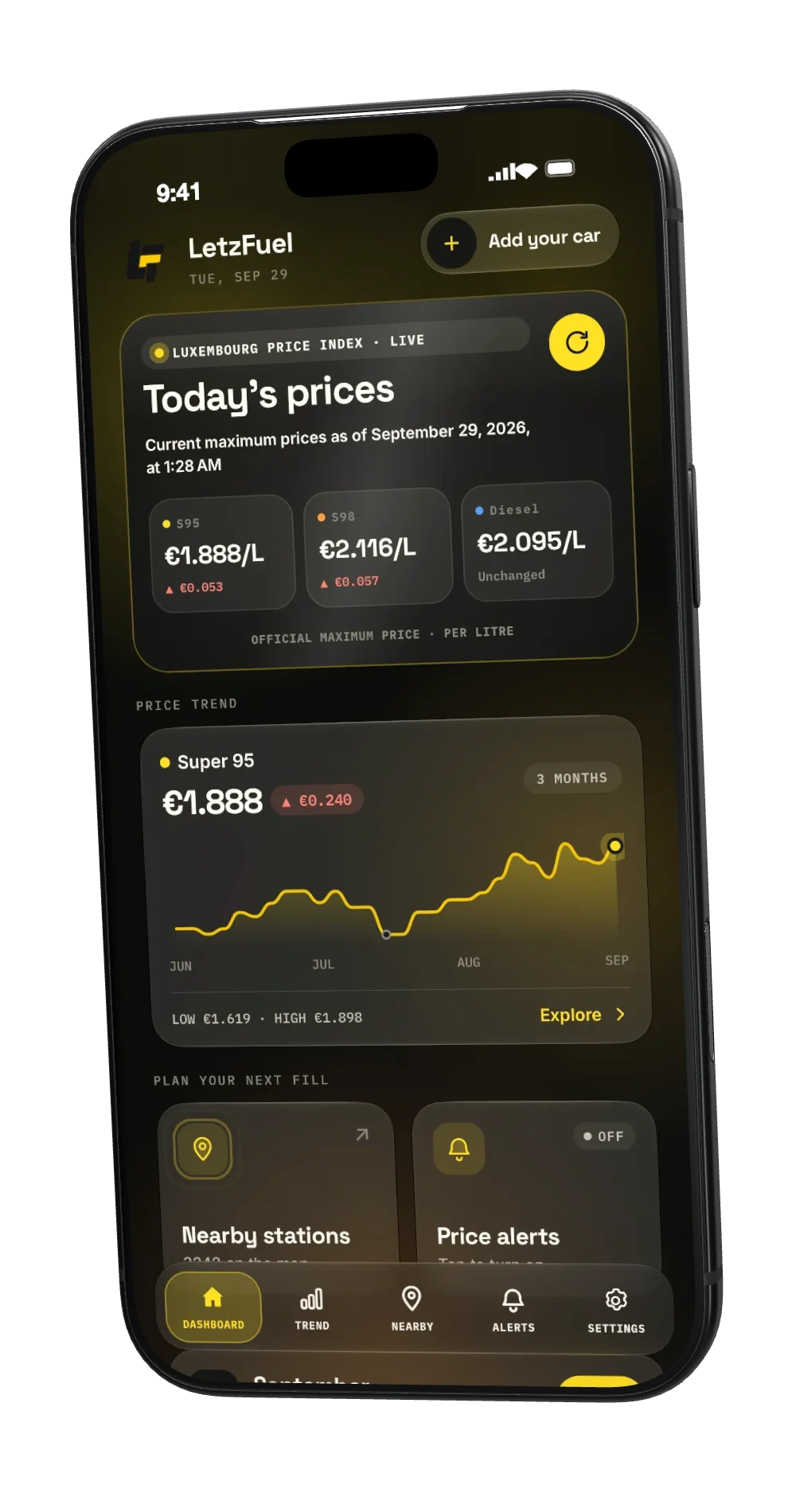 The LetzFuel dashboard in the dark appearance