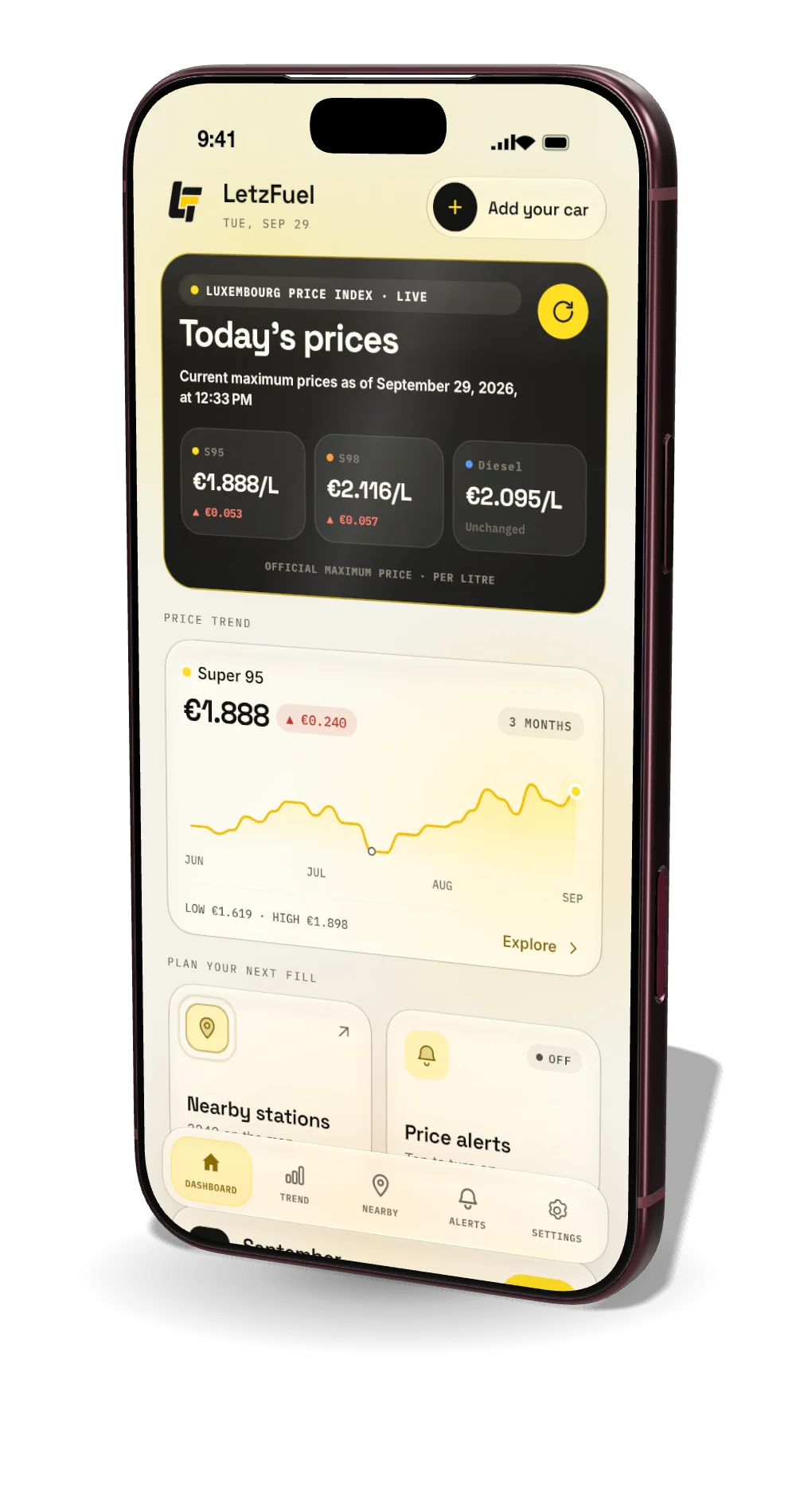 LetzFuel dashboard with today's official prices and the three-month trend