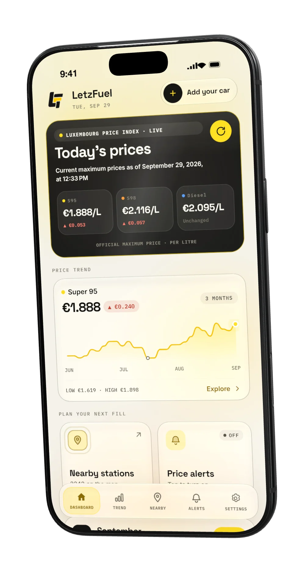 LetzFuel dashboard with the official maximum prices, the trend and nearby stations