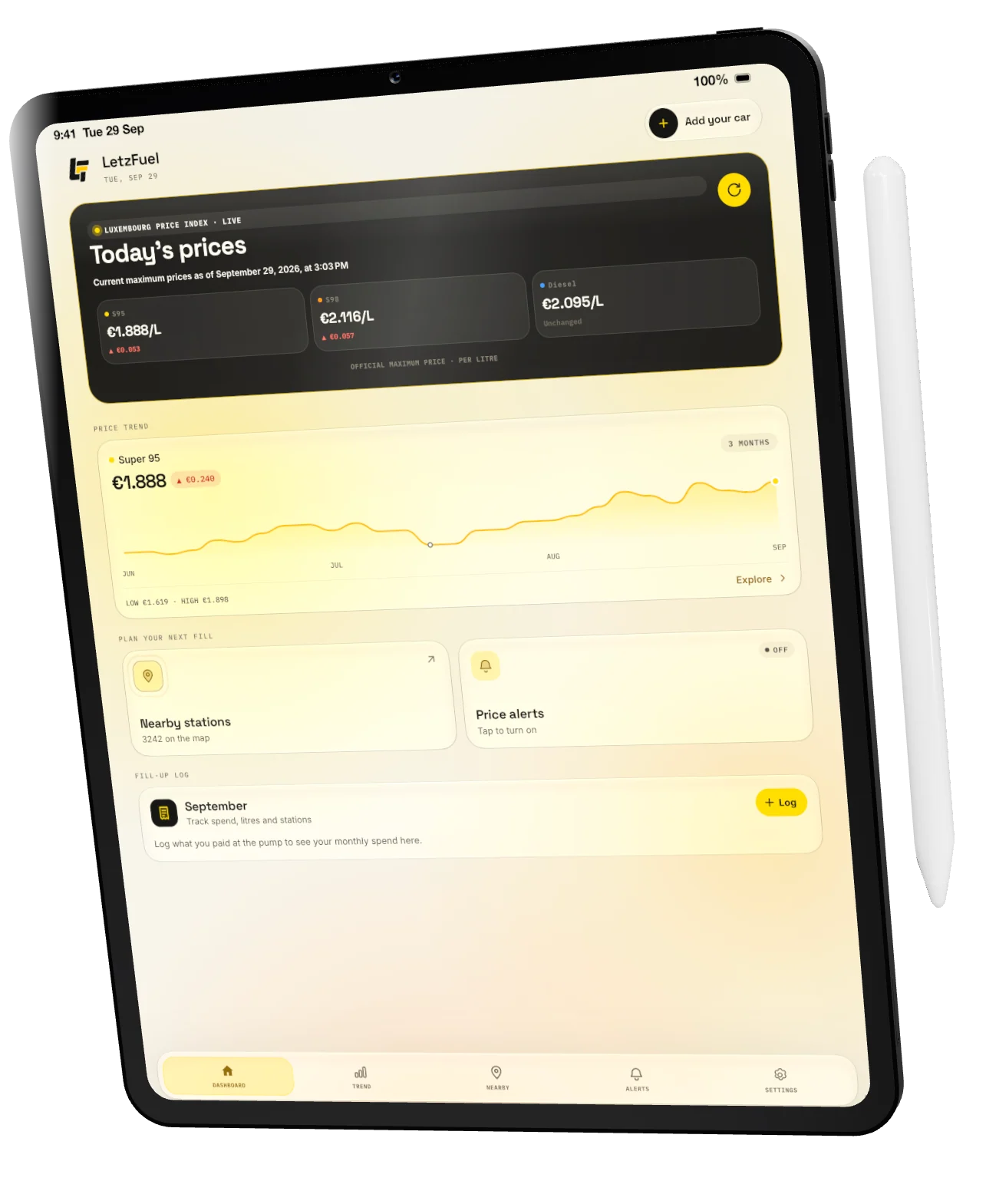 LetzFuel on iPad Pro with its Apple Pencil: today's prices, the three-month trend and nearby stations on one screen