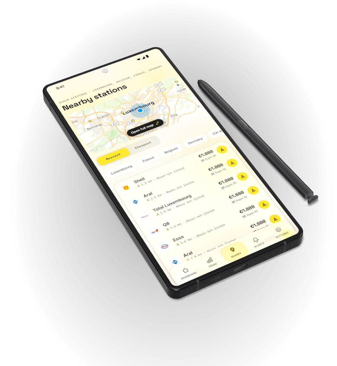LetzFuel nearby stations on a Galaxy with its S Pen: Luxembourg, Belgium, France and Germany on a map, with service filters and prices by distance