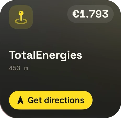 Small LetzFuel widget: the nearest station, TotalEnergies at 453 m, with directions