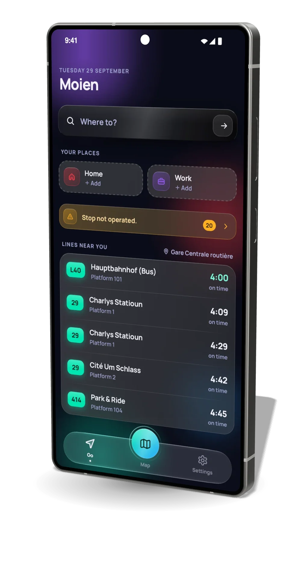 MobiLux home screen: your next departure, live departures near you and your saved journeys.