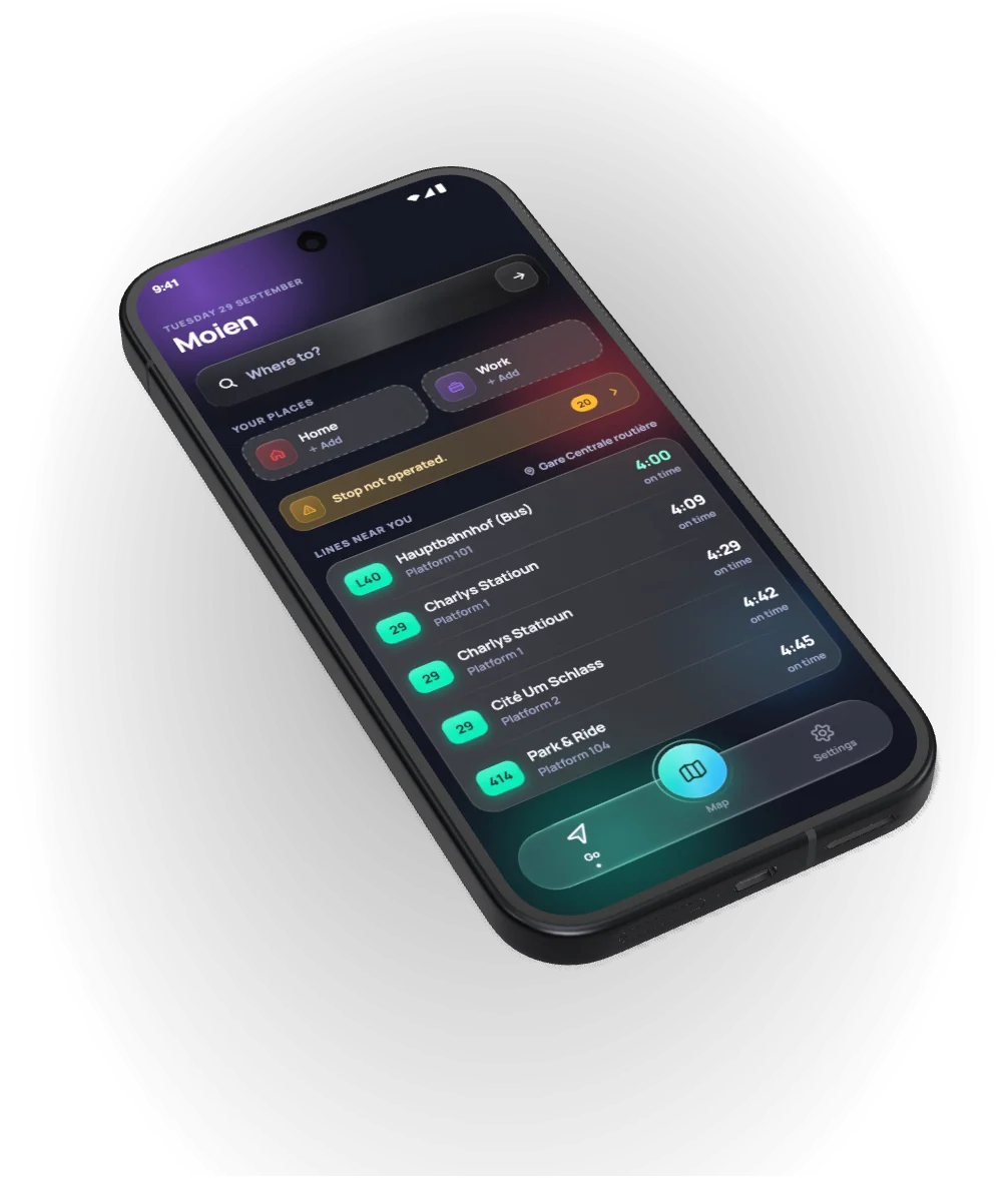 MobiLux personal settings: named journeys, preferred modes and app preferences, all stored on the device.