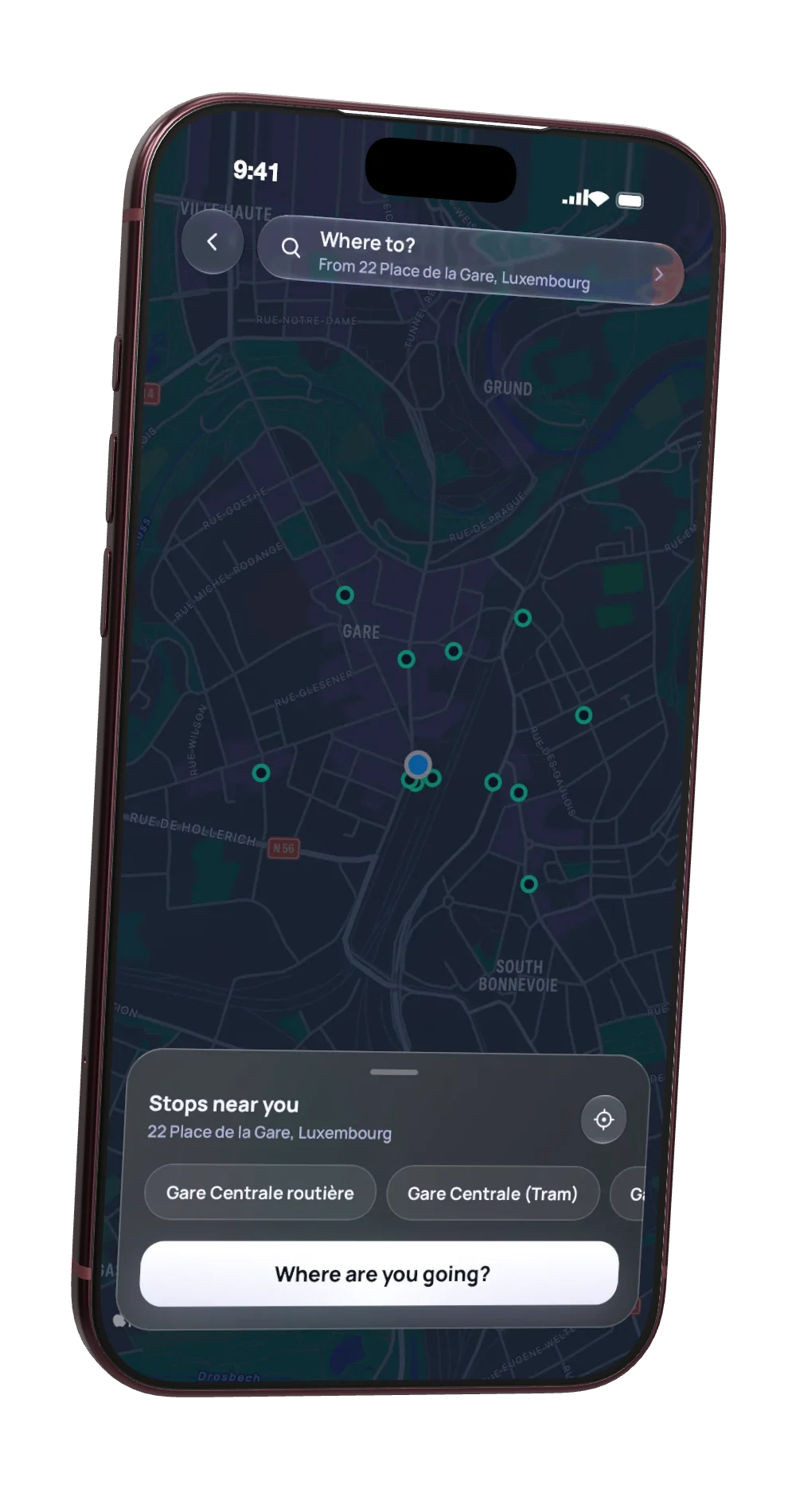 MobiLux map: The stops around you on a dark map, each one a tap from a journey.