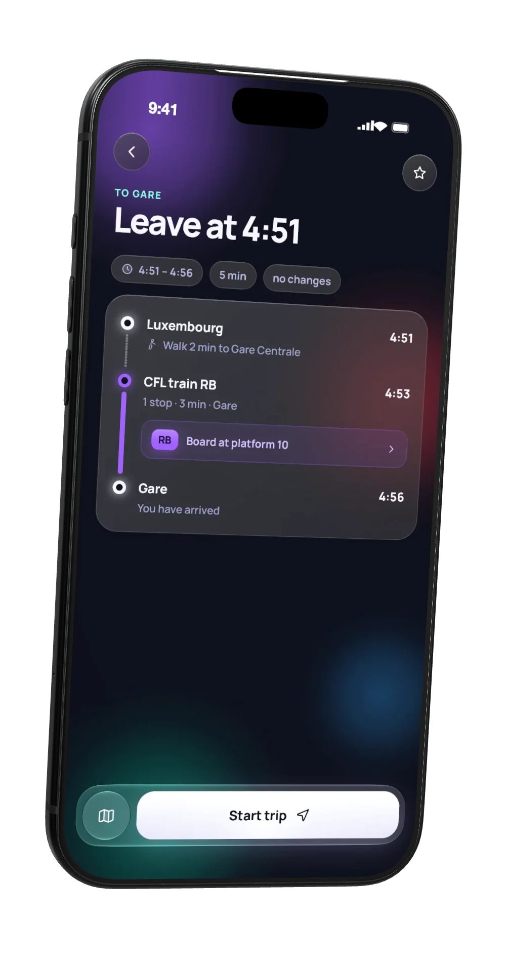 MobiLux itinerary: every step of the journey with platform, lift and change details.