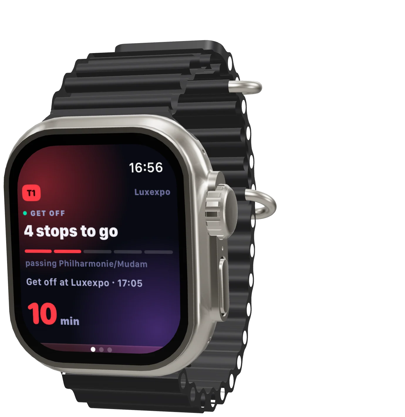 MobiLux on Apple Watch Ultra, on board tram T1: four stops to go, get off at Luxexpo in ten minutes